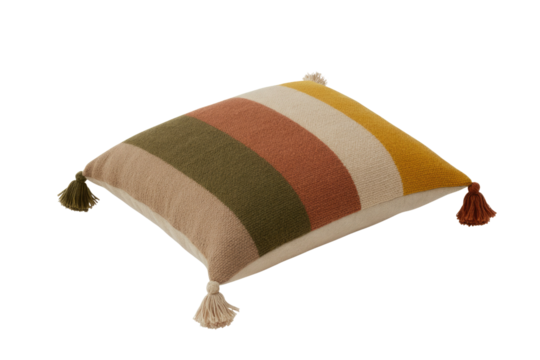 A cozy, striped decorative pillow featuring earthy tones like beige, olive, terracotta, cream, and mustard yellow, accented with corner tassels. background removed