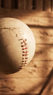 Close Up of a Baseball with Visible Seams and Rustic Wooden Background in Soft Lighting with Particles Floating Around Perfect for Sports Theme Projects and Nostalgic Edits
