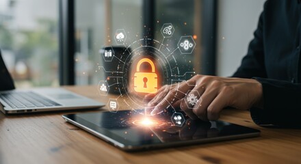 Person using a tablet with a digital padlock and network icons overlay.