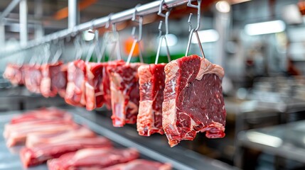 Modern cooling chamber showcases quality marbled beef in sterile industrial storage conditions