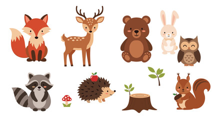 Obraz premium Adorable collection of cartoon forest animals including a fox, deer, bear, rabbit, owl, raccoon, hedgehog, and squirrel illustrations.
