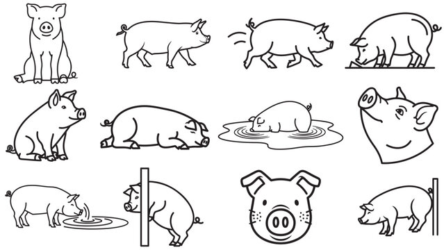 Pig Poses Line Art Collection &mdash; Sows, Boars and Piglets in Minimal Black for Farm Education, Butcher Icons, and Rural Packaging