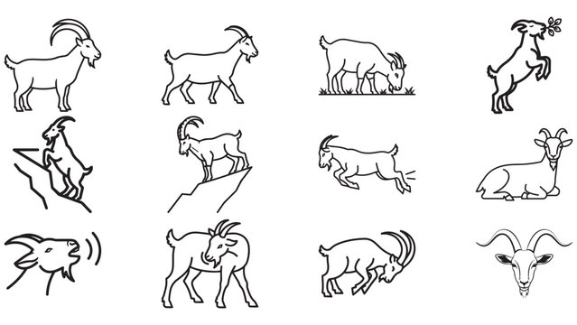 Goat Poses Line Art Pack &mdash; Agile Mountain Goats, Kids and Bucks in Black Outline for Dairy Labels, Outdoor Brands, and Rustic Graphics
