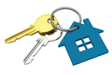 Two keys, one gold and one silver, with a blue house-shaped keychain attached to a metal ring, symbolizing new home ownership or real estate. background removed