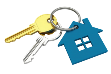 Two keys, one gold and one silver, with a blue house-shaped keychain attached to a metal ring, symbolizing new home ownership or real estate. background removed