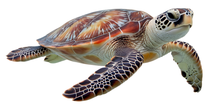 Sea turtle, with intricate shell patterns swims gracefully in clear water, cutout, PNG isolated on white or transparent background