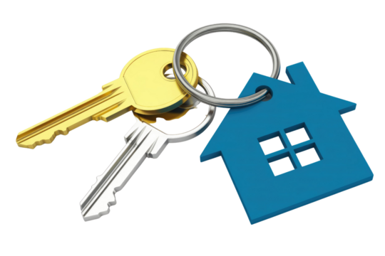 Two keys, one gold and one silver, with a blue house-shaped keychain attached to a metal ring, symbolizing new home ownership or real estate. background removed