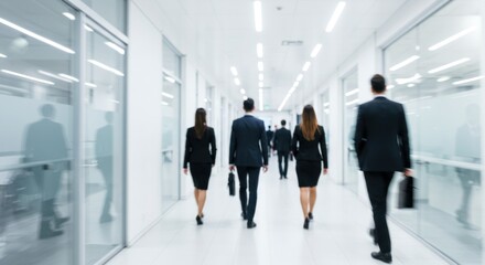 People walking in a bright office hallway with glass walls and blurred motion.
