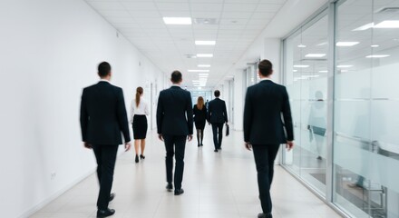 Business people walk down a bright office corridor with glass walls.