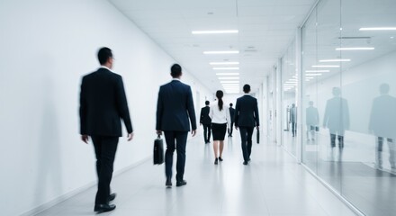 Business people walk in a bright office corridor with glass walls.