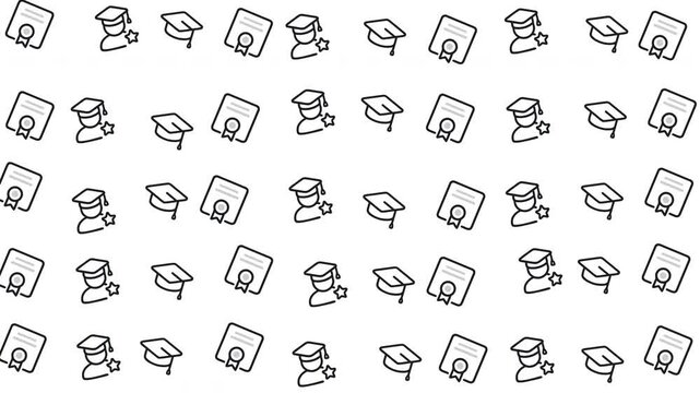 Abstract black and white educate pattern repeating university student graduation icons, symbolizing academic achievement, diploma, and scholastic success