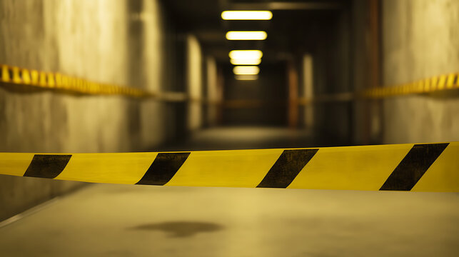 A warning tape is placed in the middle of a long corridor. The corridor is dimly lit and has concrete walls. It gives off a sense of caution, mystery and danger.
