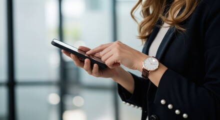 Woman in business attire uses a mobile phone indoors with blurred background.
