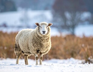 A fluffy sheep stands in a snow-covered field, looking at camera