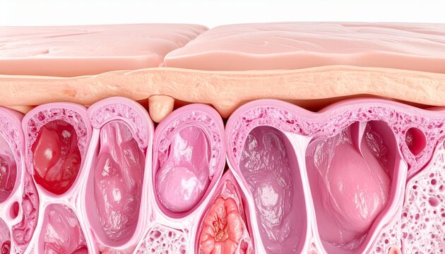 The image is a close-up, artistic render of a cross-section of skin showing the epidermis and subcutaneous