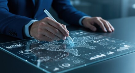 Man in suit uses futuristic digital interface with world map on table.