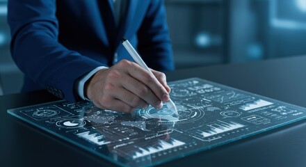 Man's hand interacts with a futuristic holographic display showing data and charts.