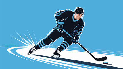 Fototapeta premium A hockey player in dark blue uniform skating with a puck on a light blue background illustration