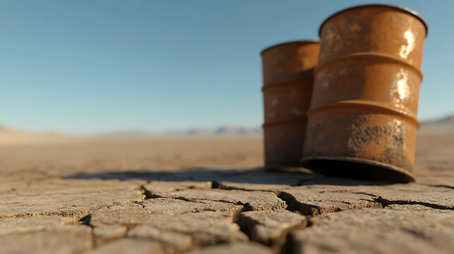 Two weathered barrels sit on cracked earth beneath a clear sky, contrasting industrial decay with natural desolation in a barren landscape, evoking a sense of abandonment.