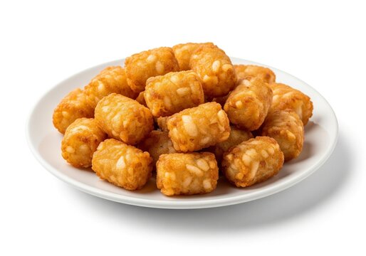 A plate of golden crispy tater tots with a crunchy texture on a white background.

