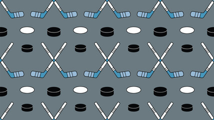 A repeating pattern of hockey sticks and pucks on a gray background sports themed design artwork illustration