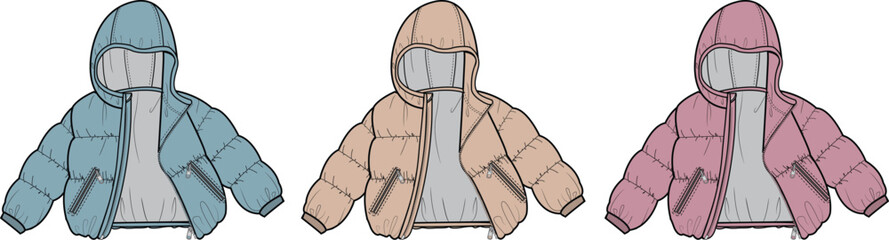 Fashion design technical flat sketch of a kid's quilted puffer jacket with hood, shown in multiple colorways for apparel concepts