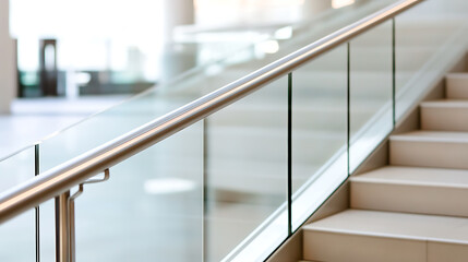 A modern staircase with stainless steel handrail and glass panels creates a bright and open space for movement between floors within a commercial building. Minimalist design.