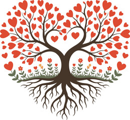 Obraz premium A Loving Heart Shaped Tree with Flourishing Roots and Blooming Flowers Illustrating Growth and Connection