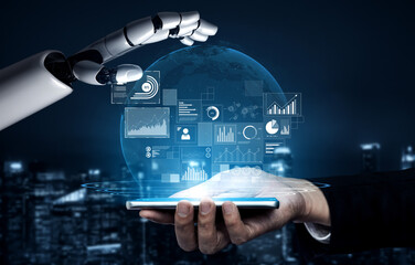 AI interacts with data analytics dashboard, reading trends, improving decisions, and enhancing...