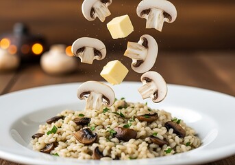 Delicious mushroom risotto with fresh mushrooms and butter cubes falling into the dish