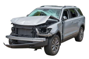 A severely damaged silver SUV after a front-end collision, featuring a crumpled hood, shattered windshield, exposed engine, and detached bumper. Visible accident aftermath. background removed