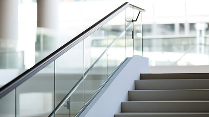Elegant staircase with a sleek metal handrail and glass panels. The stairs are a neutral color, contrasting with the bright, airy background from the windows, creating a minimalist design.