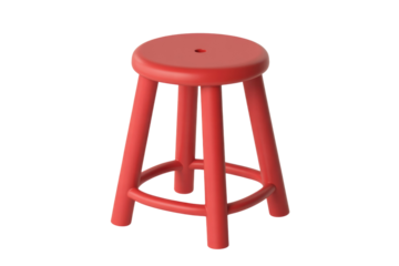 A vibrant red, minimalist, three-legged stool with a round seat, rendered in 3D against a solid transparent background. background removed