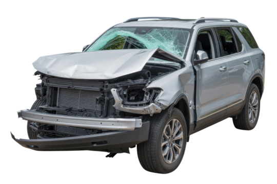 A severely damaged silver SUV after a front-end collision, featuring a crumpled hood, shattered windshield, exposed engine, and detached bumper. Visible accident aftermath. background removed