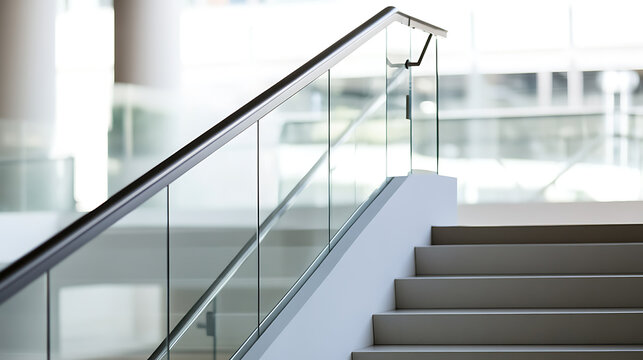 Elegant staircase with a sleek metal handrail and glass panels. The stairs are a neutral color, contrasting with the bright, airy background from the windows, creating a minimalist design.