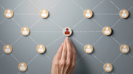A conceptual image depicts a social or professional network made of wooden circular icons with white person symbols connected by lines against a gray background.