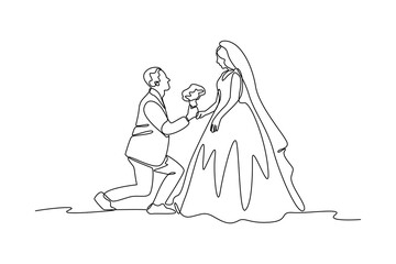Simple continuous line draw of a couple pose at wedding party. Simple line, creativity, vector.