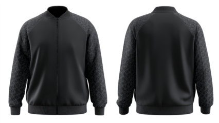 vector design of a black basketball jacket, front view and back view, on a transparent background. the jacket is black in color
