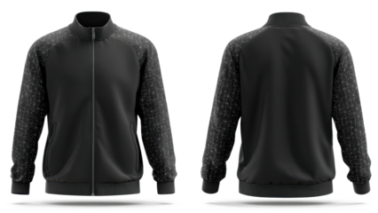 3D vector design of black basketball jacket, front view and back view, on a transparent background. the jacket is black in color