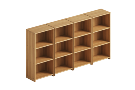 Four modular wooden bookshelves, each with four shelves, forming a large storage unit. Natural wood finish, ready for books and decor. background removed