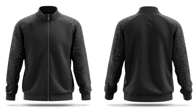 3D vector design of black basketball jacket, front view and back view, on a transparent background. the jacket is black in color