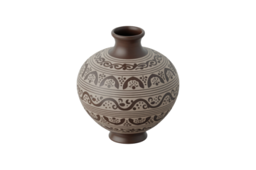 Ornate globular ceramic vase with intricate brown ethnic patterns on a beige body, featuring a narrow neck, isolated. background removed