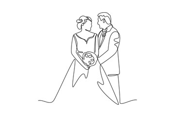 Simple continuous line draw of a couple pose at wedding party. Simple line, creativity, vector.