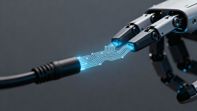 Futuristic Robot Hand Connecting to Cable with Glowing Circuit Design in High Detail