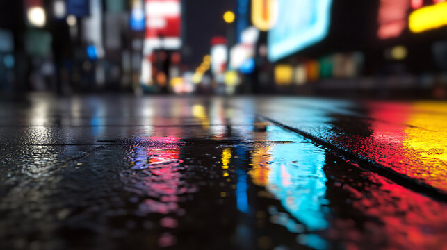 City street reflection: an urban night scene with colorful lights reflecting on wet pavement, capturing the vibrant energy and beauty of the city after a rainfall.