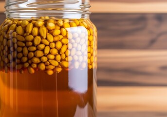 Close-up of grains suspended in amber liquid within a glass jar with textured background