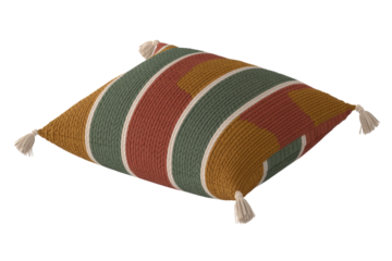 A woven cushion with colorful striped patterns in green, terracotta, and mustard yellow, featuring cream accents and decorative tassels. background removed