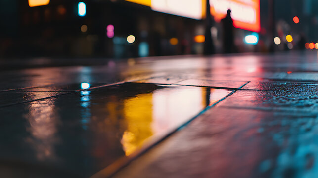 Rain-slicked city streets reflect neon lights, creating a vibrant urban scene.  The wet pavement glistens, blurring the line between reality and reflection, adding to the city's allure.