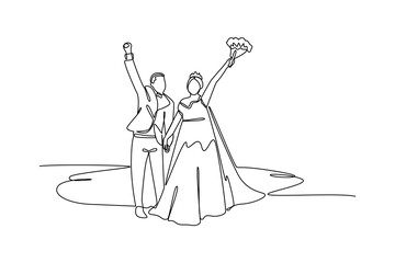 Simple continuous line draw of a couple pose at wedding party. Simple line, creativity, vector.