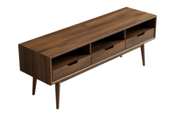 Sleek, mid-century modern wooden media console with three open shelves and three integrated-handle drawers on tapered legs. Perfect for living rooms. background removed
